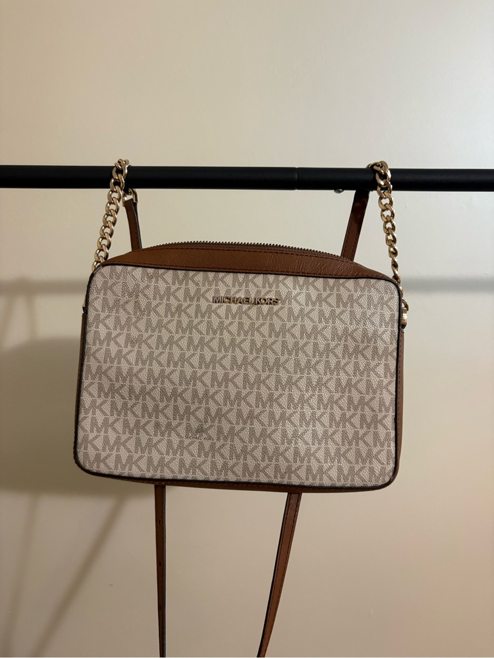 Michael Kors Signature MK Canvas Crossbody in Brown and Vanilla